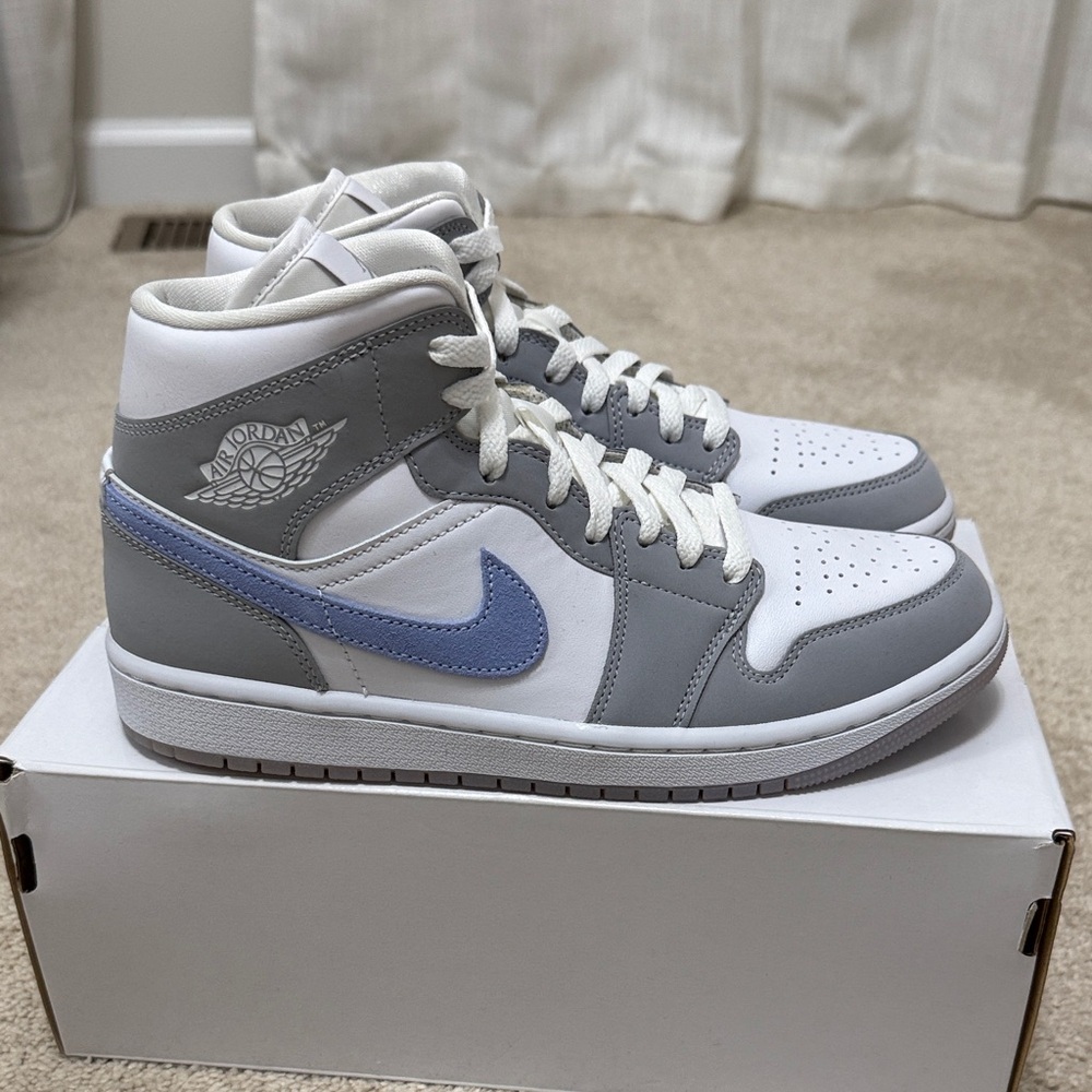 Jordan Mid Top Sneakers - White, Grey & Light Blue Swoosh